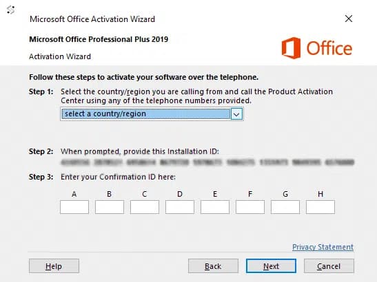 Office phone activation dialog with phone numbers